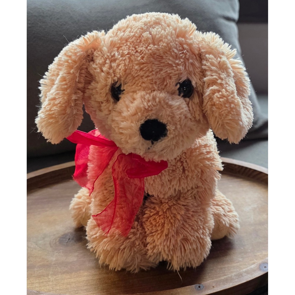 Ty Pluffies Doodles Dog Tan Puppy Plush Red Ribbon Bow Shaggy TySilk Stuffed Toy